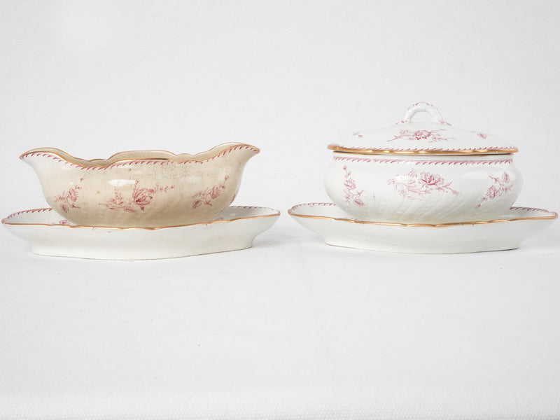 19th century Luneville Faience dinner service w/ pink flowers - Saxe ironstone transferware - 39 pieces