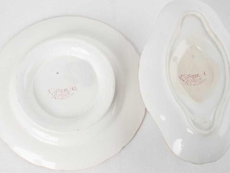 19th century Luneville Faience dinner service w/ pink flowers - Saxe ironstone transferware - 39 pieces