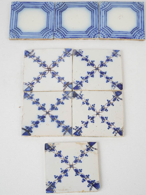 Collection of 8 blue & white antique French tiles - square 5"