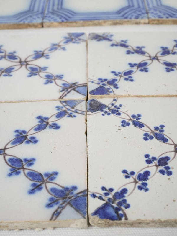 Collection of 8 blue & white antique French tiles - square 5"