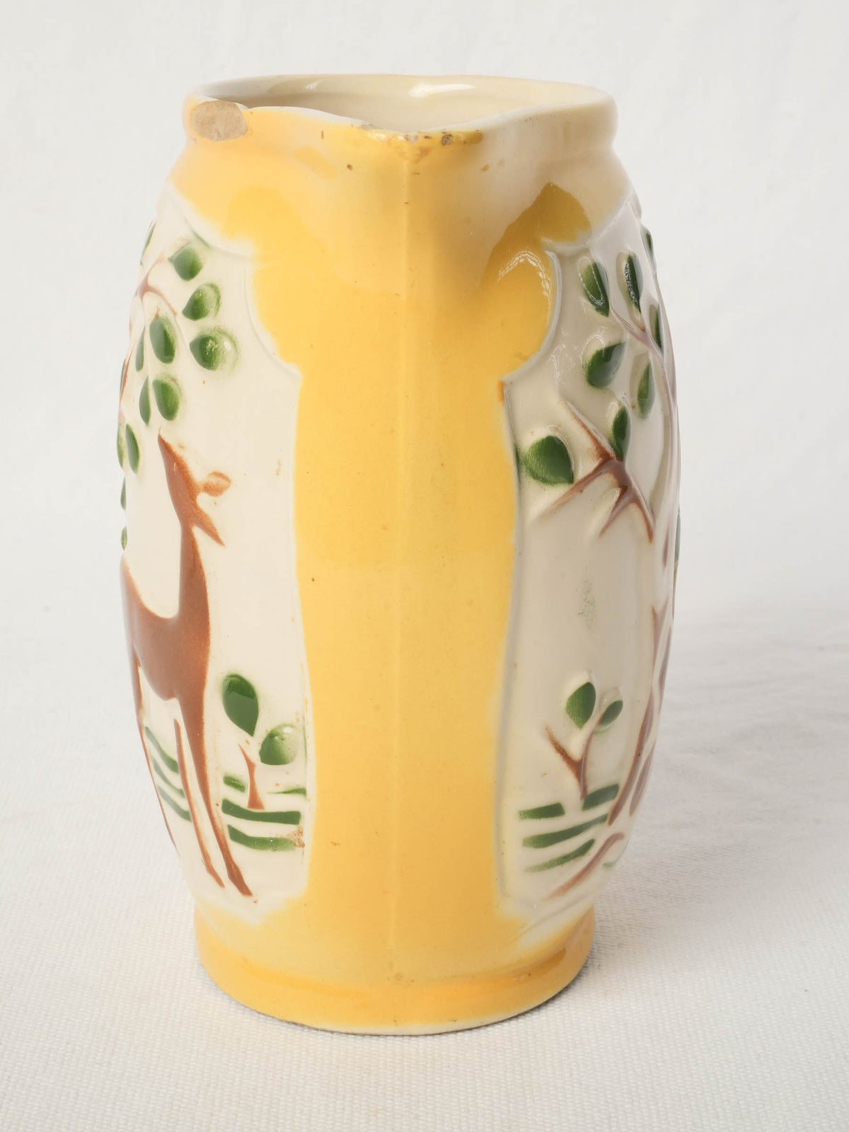 French Art Deco  Barbotine Pitcher w/ Deer Decoration c. 1940s - 6¾"