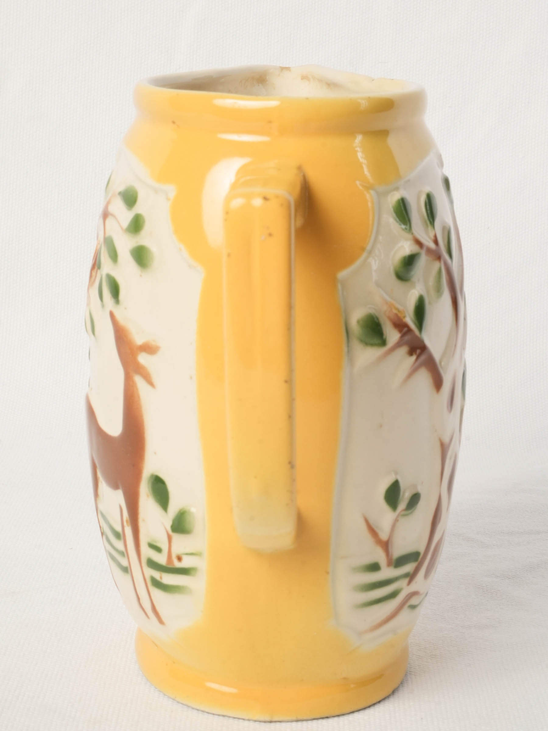French Art Deco  Barbotine Pitcher w/ Deer Decoration c. 1940s - 6¾"
