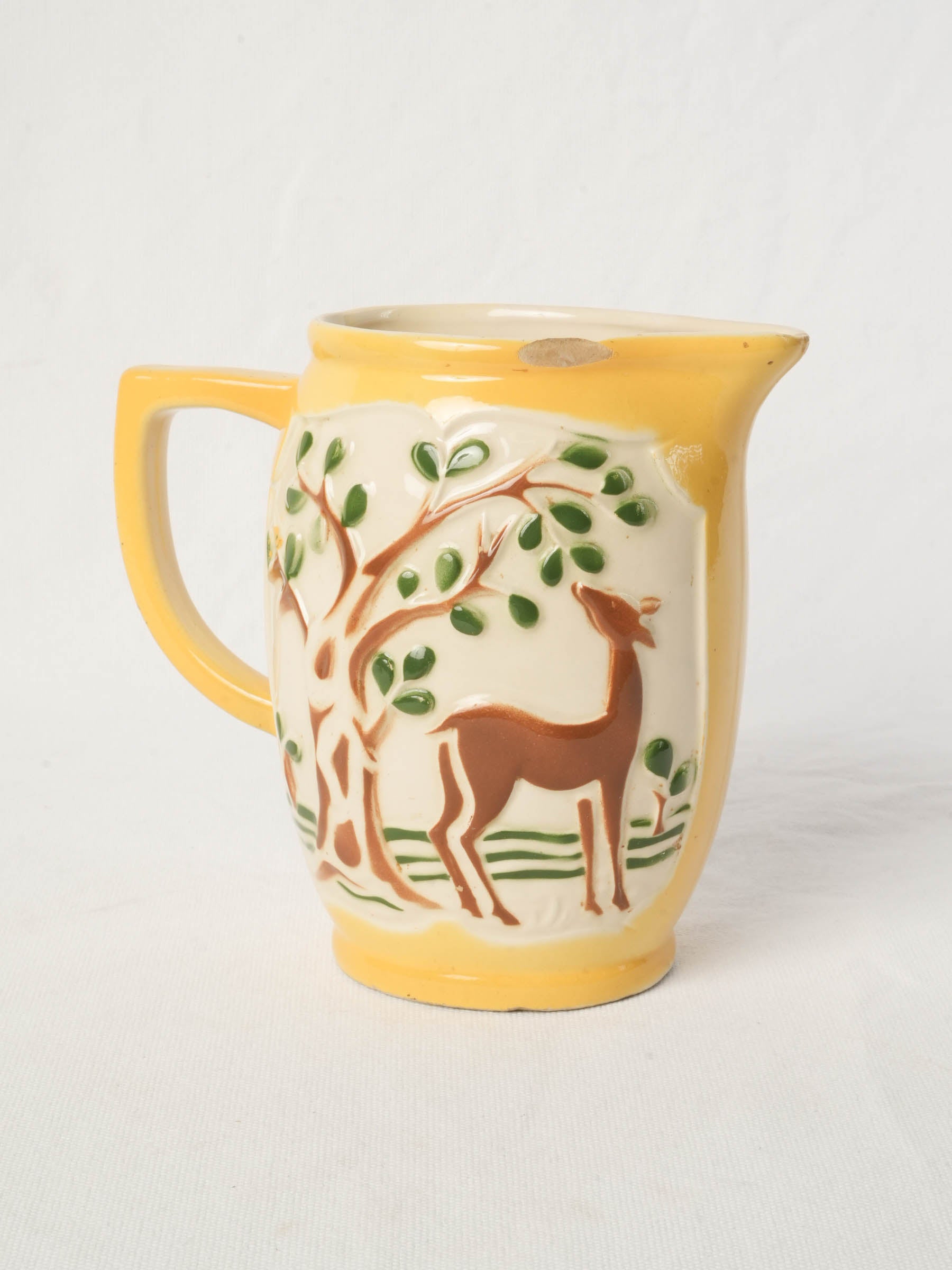 French Art Deco  Barbotine Pitcher w/ Deer Decoration c. 1940s - 6¾"