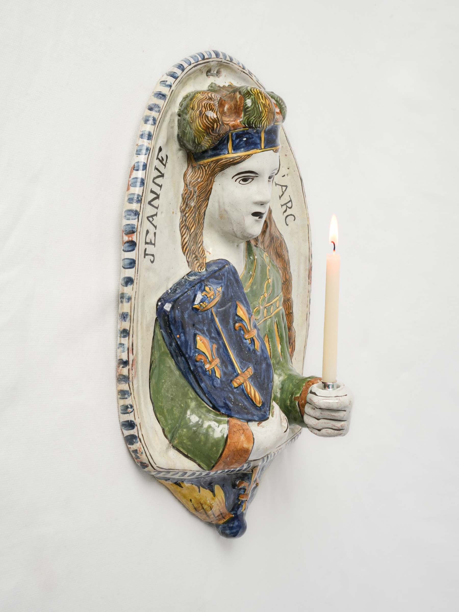 18th-Century Nevers Faience Candle Sconce Depicting Joan of Arc - 15¾"