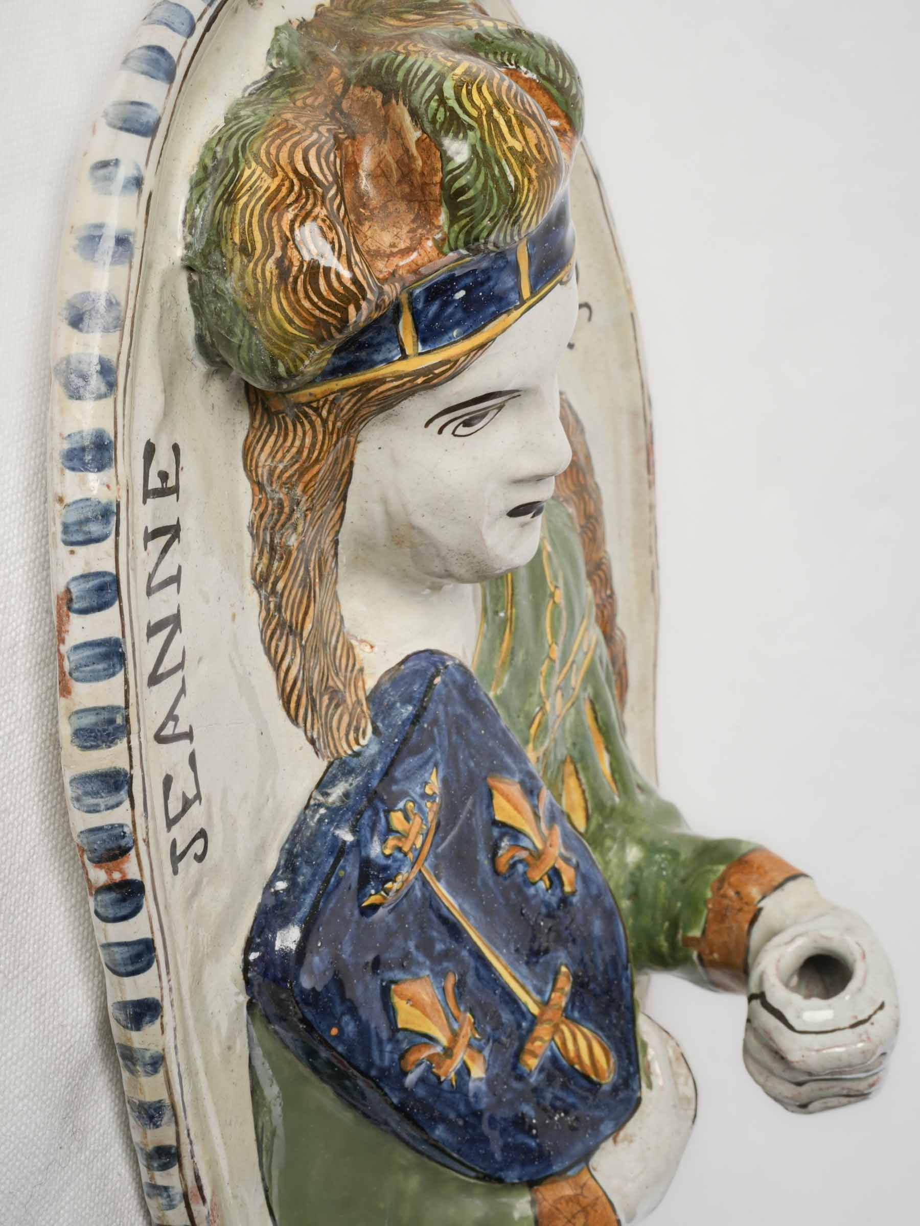 18th-Century Nevers Faience Candle Sconce Depicting Joan of Arc - 15¾"