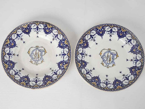 19th century Sarreguemines Cluny plates & bowls w/ monogram 9¾"