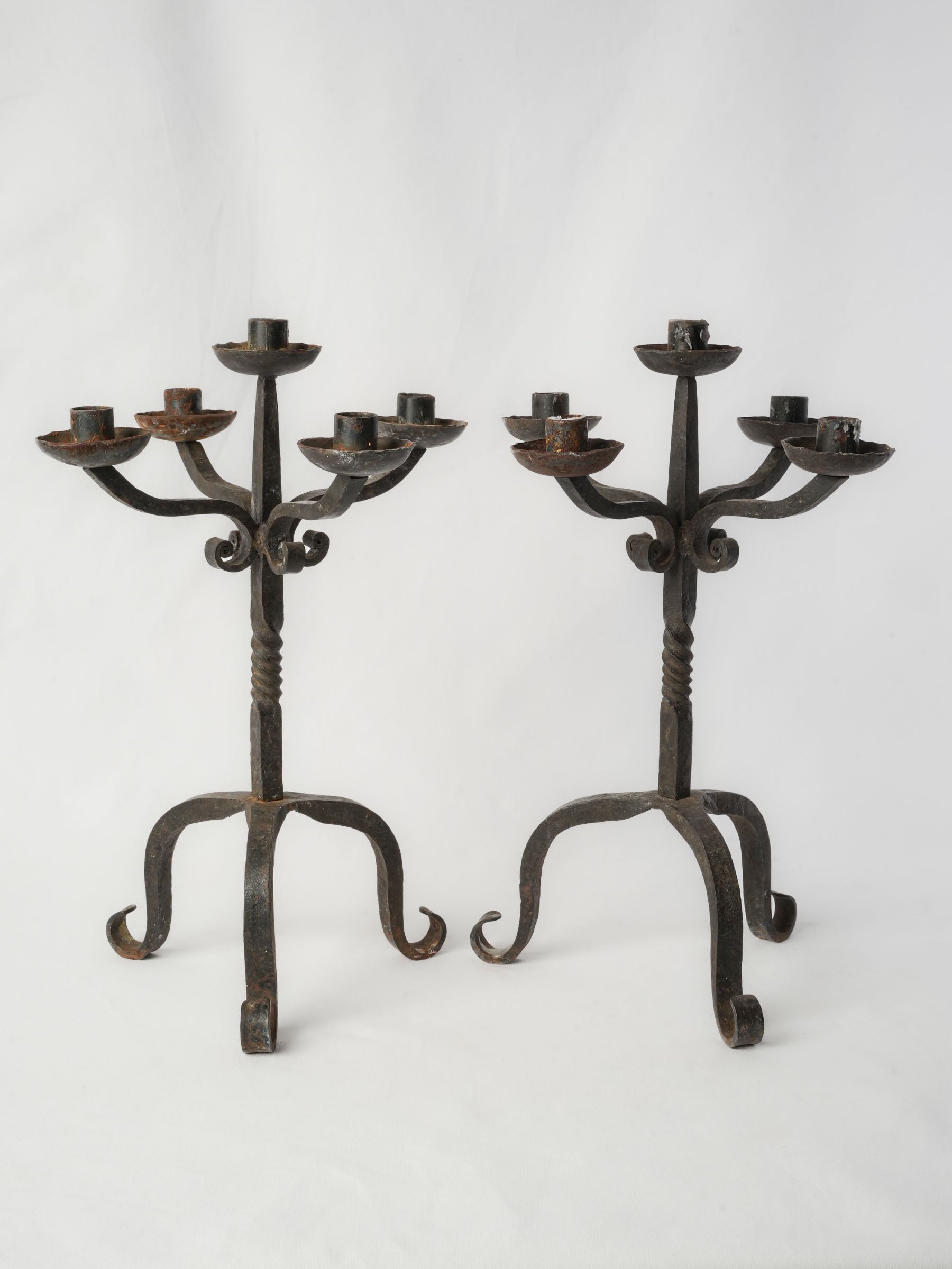 Pair of Hand-Forged Five-Light Iron Candelabra, c. 1950 - 17¼"