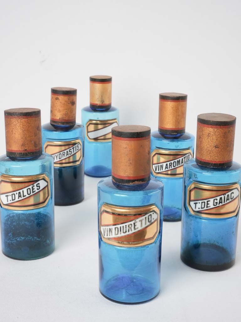 Six 19th century French apothecary glass jars - blue 8"
