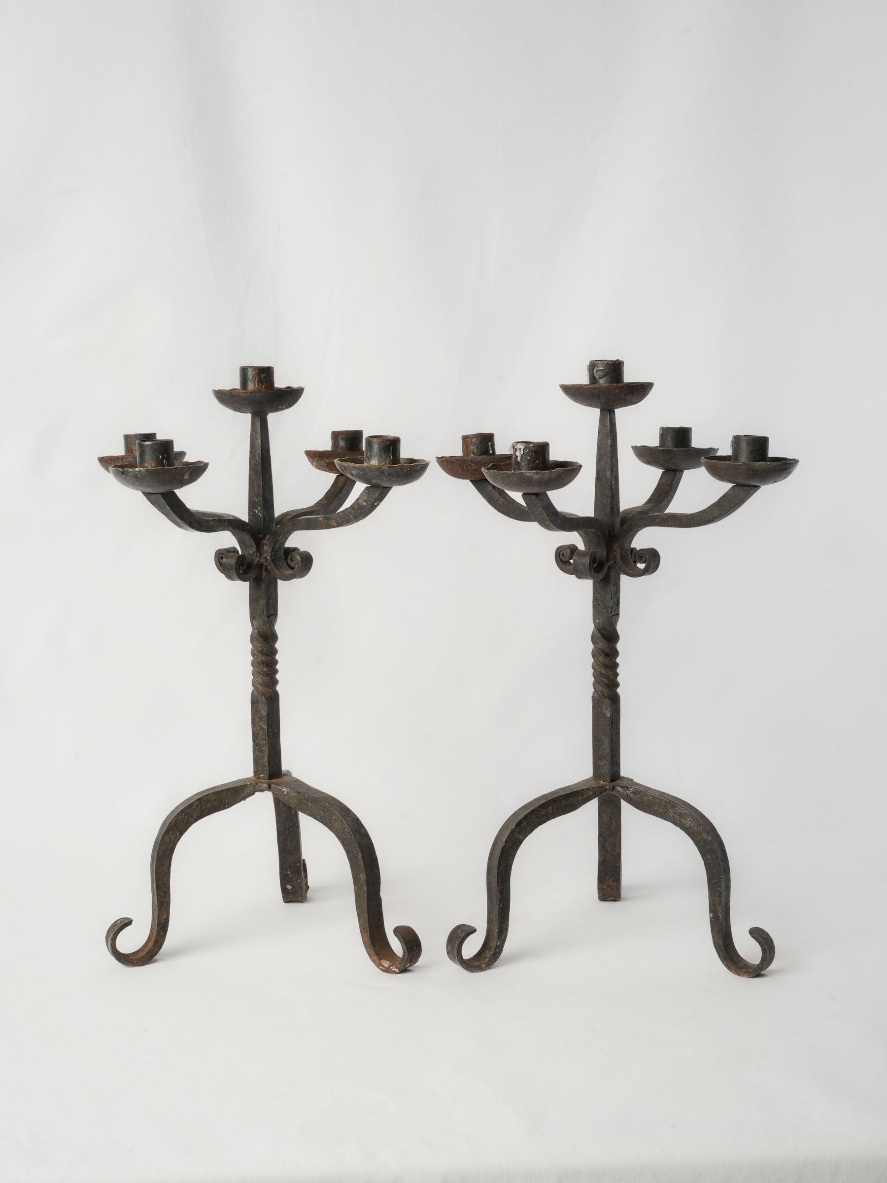 Pair of Hand-Forged Five-Light Iron Candelabra, c. 1950 - 17¼"