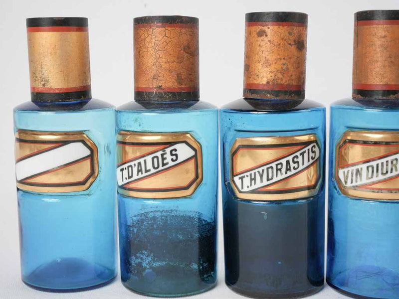 Six 19th century French apothecary glass jars - blue 8"