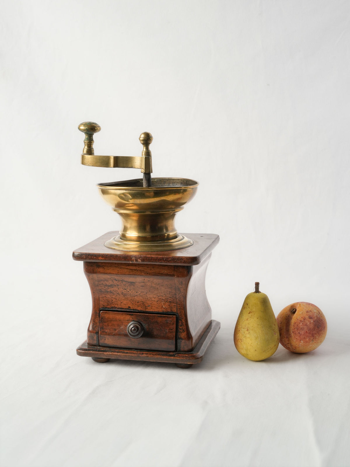 Antique French Walnut and Brass Coffee Grinder w/ Drawer - 13½"