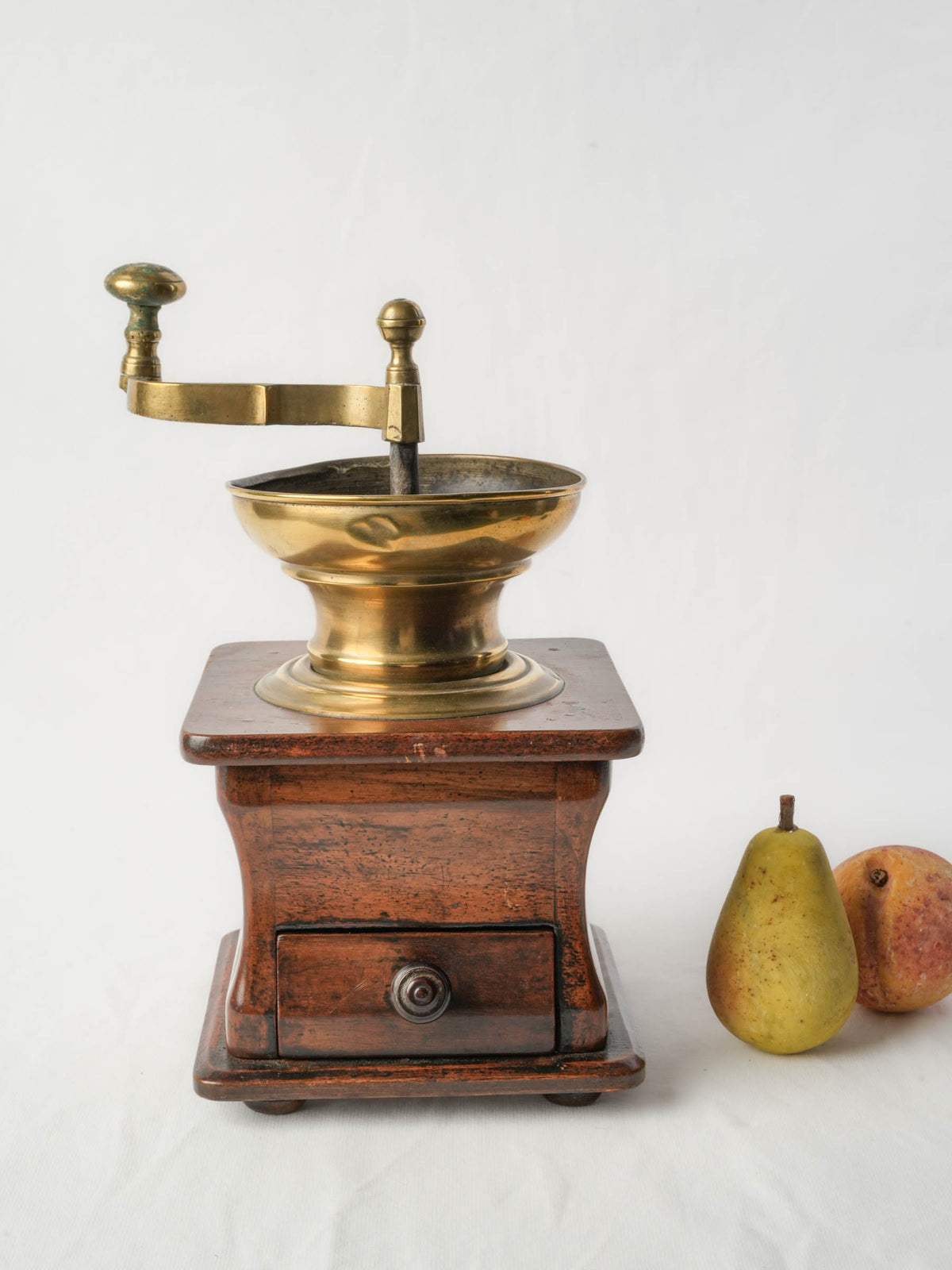 Antique French Walnut and Brass Coffee Grinder w/ Drawer - 13½"