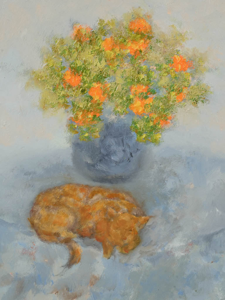 Small Contemporary Painting By Karibou - Le Chat Aux Soucis - Cat With Marigolds -13¾" x 15¼"