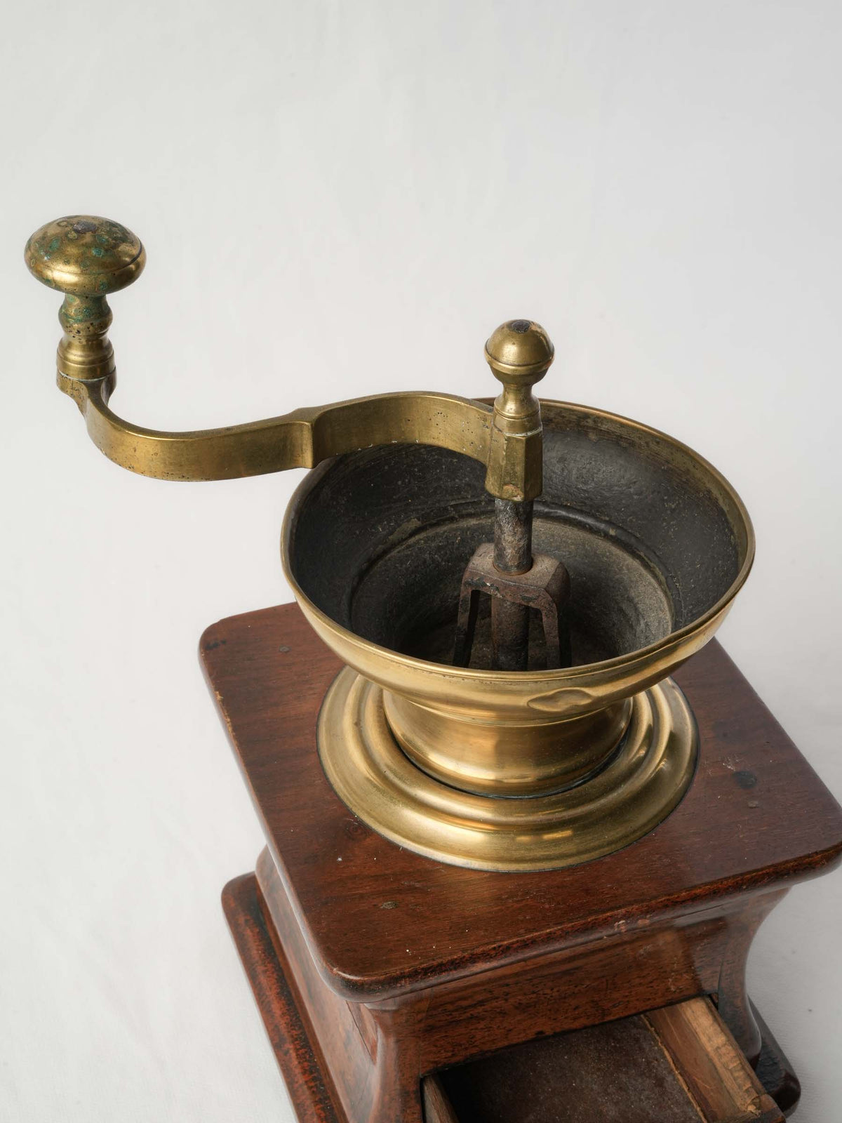 Antique French Walnut and Brass Coffee Grinder w/ Drawer - 13½"