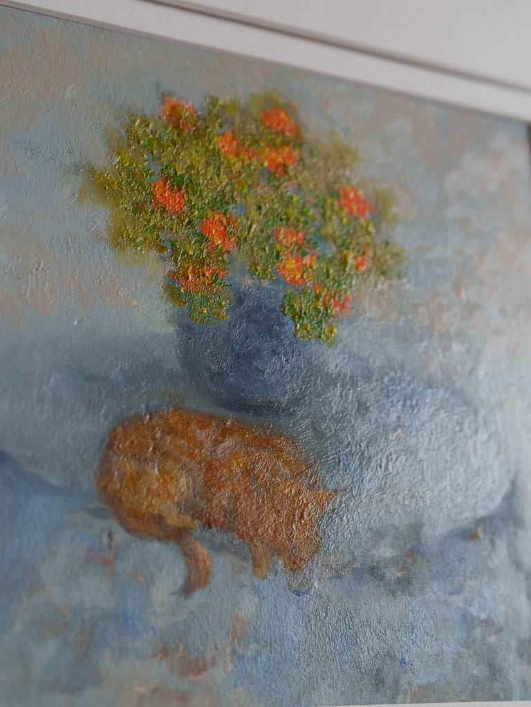 Small Contemporary Painting By Karibou - Le Chat Aux Soucis - Cat With Marigolds -13¾" x 15¼"