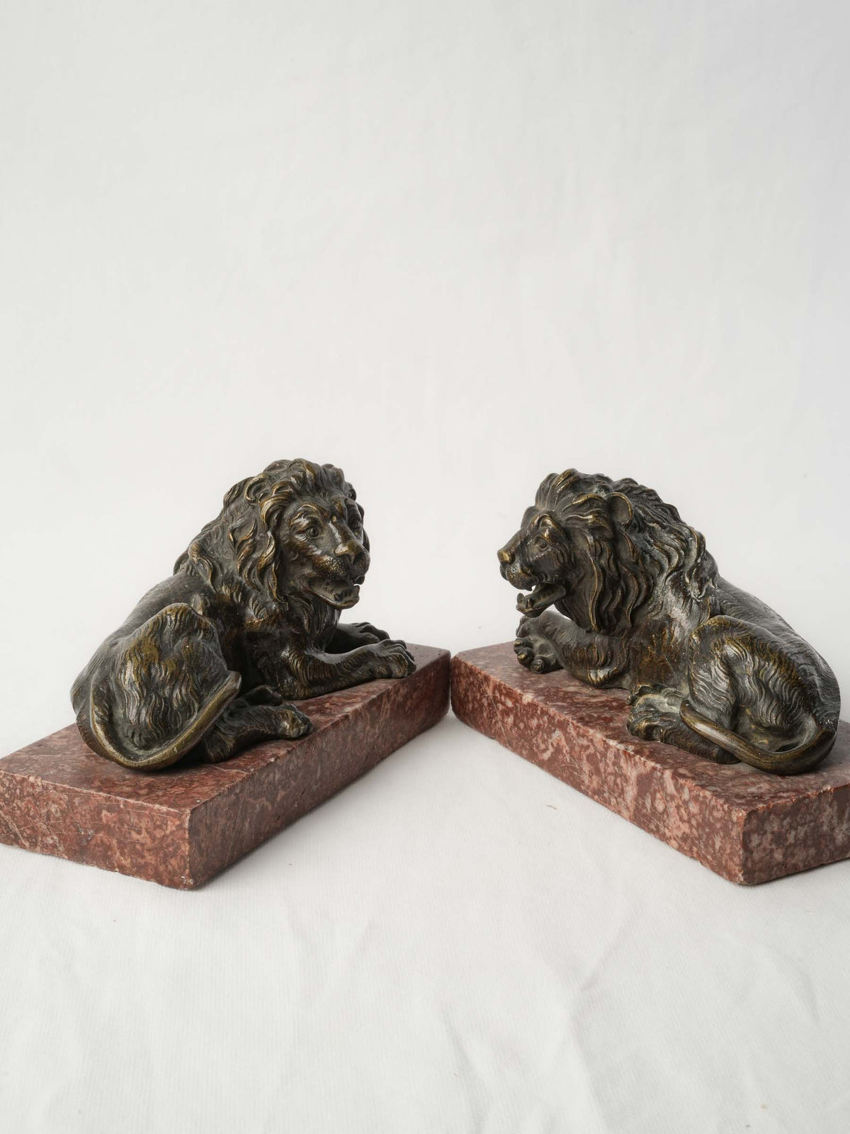 Pair of Late 19th-Century Bronze Recumbent Lions on Red Marble Bases - 6"
