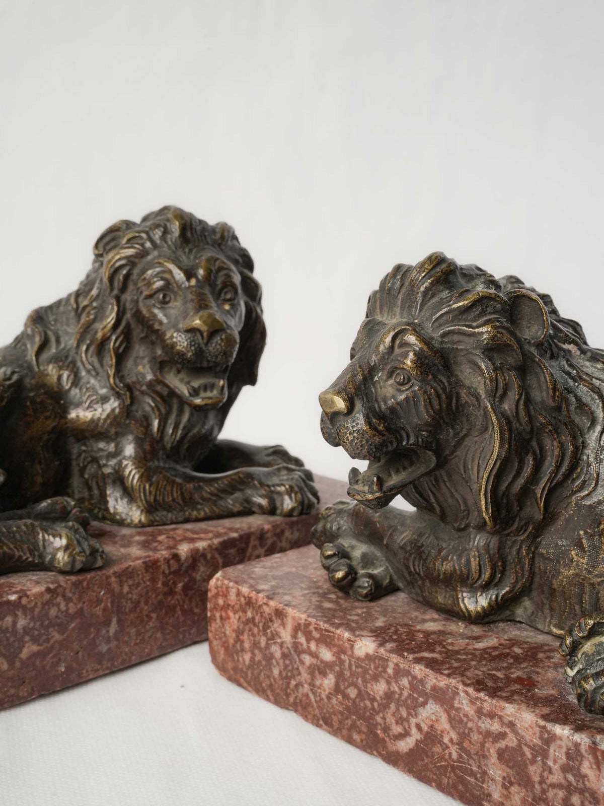 Pair of Late 19th-Century Bronze Recumbent Lions on Red Marble Bases - 6"