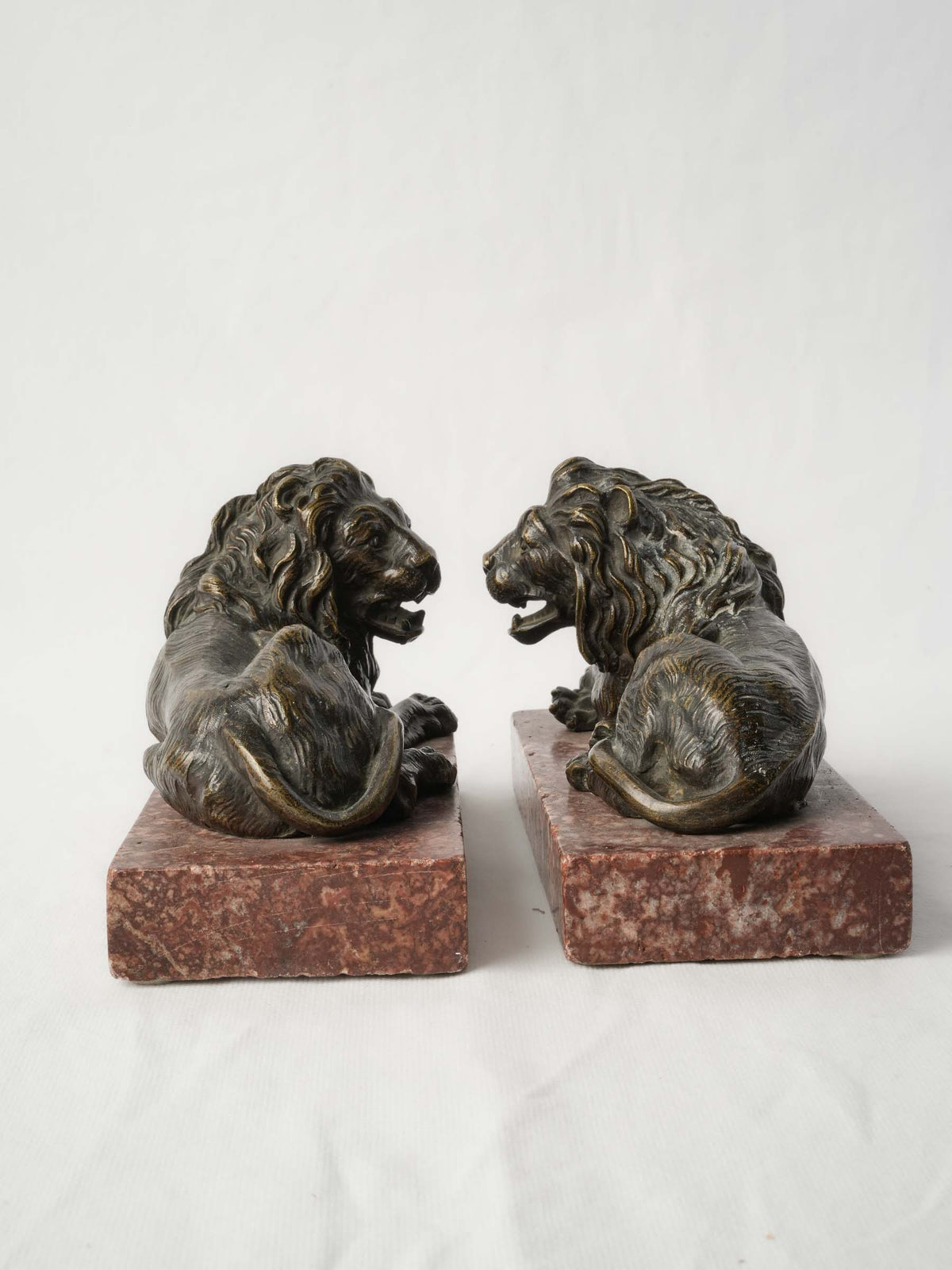 Pair of Late 19th-Century Bronze Recumbent Lions on Red Marble Bases - 6"