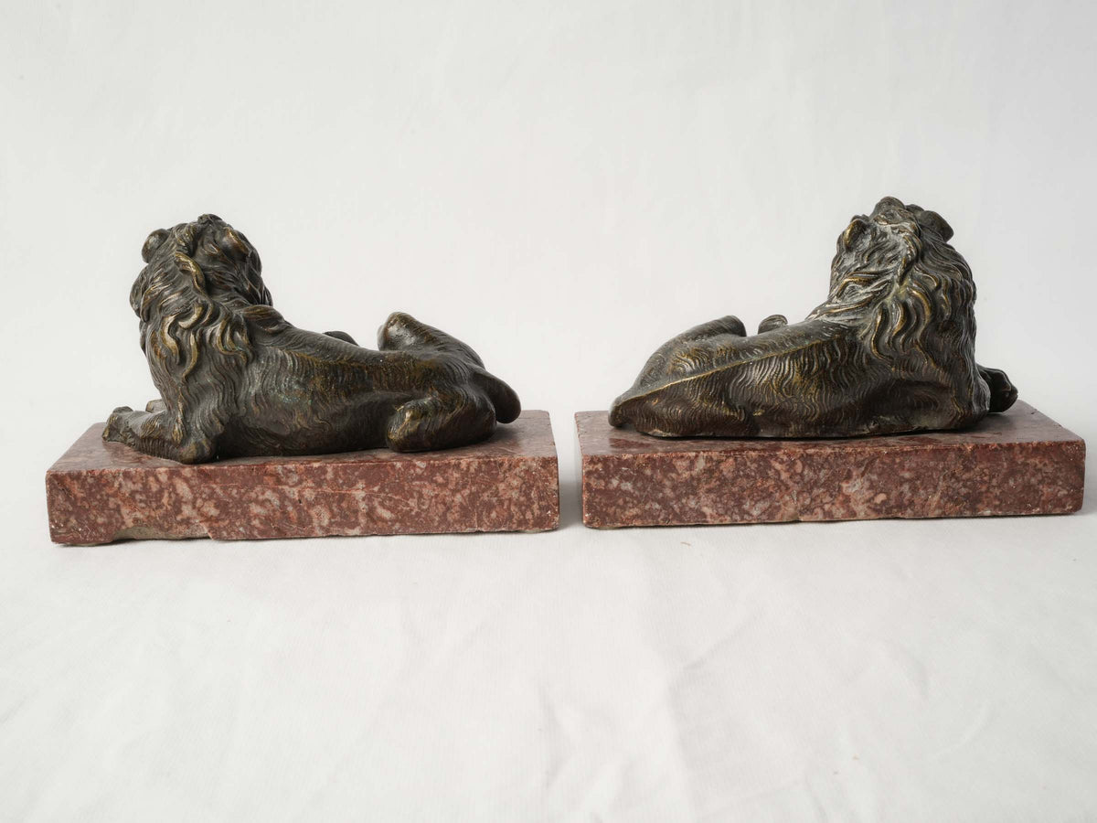 Pair of Late 19th-Century Bronze Recumbent Lions on Red Marble Bases - 6"