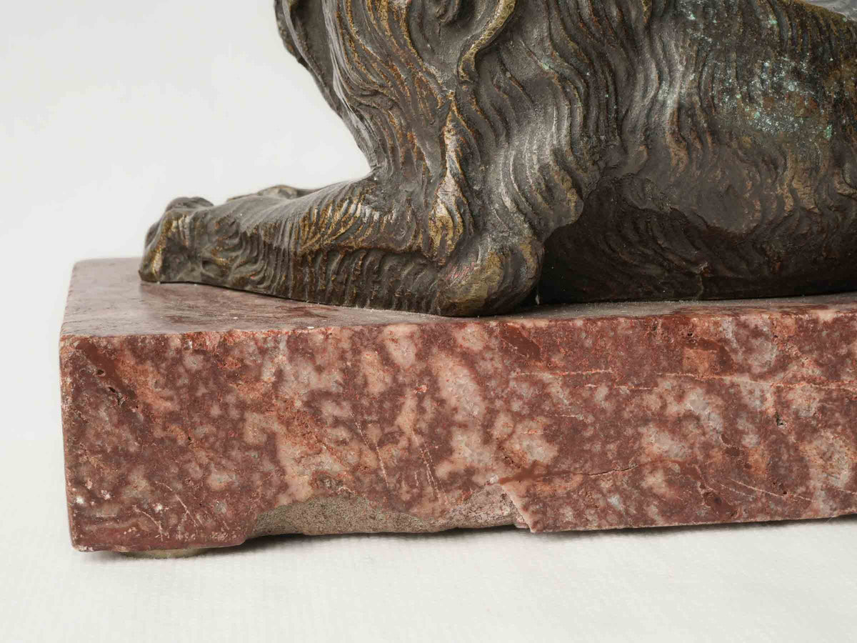 Pair of Late 19th-Century Bronze Recumbent Lions on Red Marble Bases - 6"