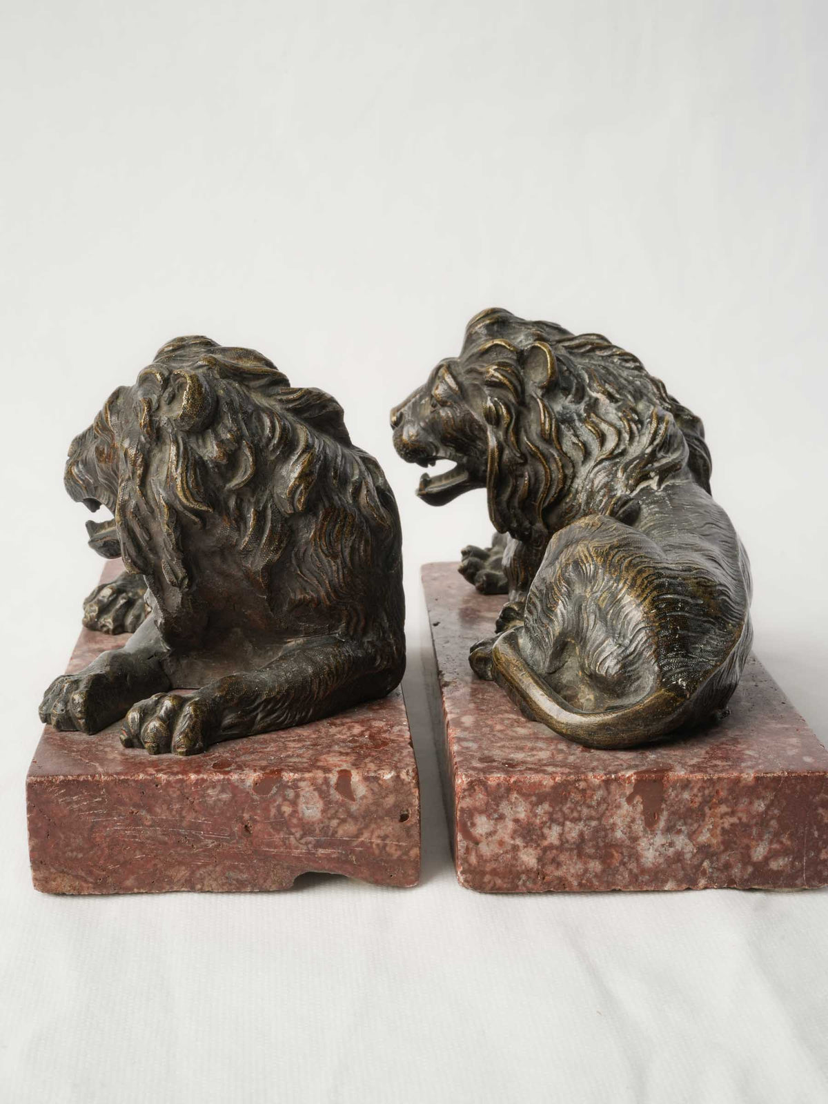 Pair of Late 19th-Century Bronze Recumbent Lions on Red Marble Bases - 6"