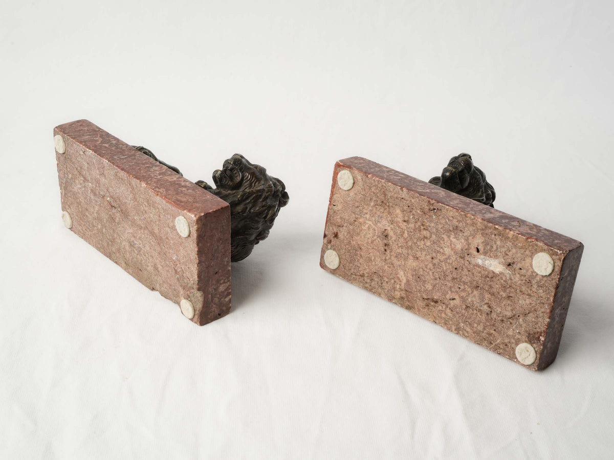 Pair of Late 19th-Century Bronze Recumbent Lions on Red Marble Bases - 6"