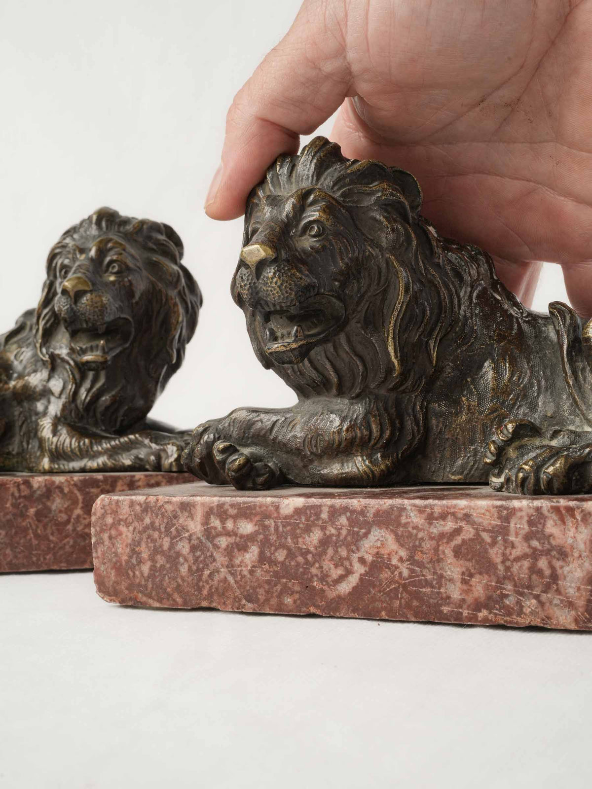 Pair of Late 19th-Century Bronze Recumbent Lions on Red Marble Bases - 6"