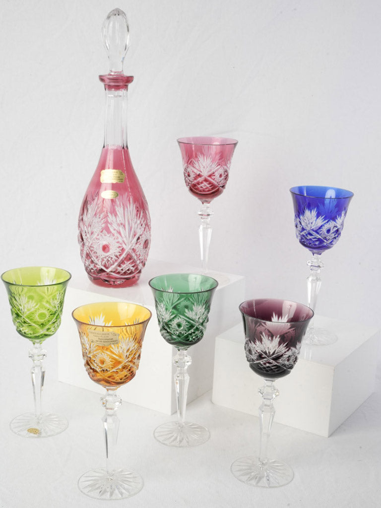 Roemer Crystal Wine Glass Set w/ Decanter & Six Multicolored Glasses by Cristallerie Klein in Baccarat