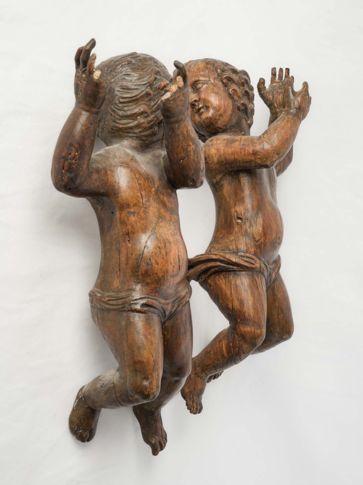 Pair of 18th-Century Carved Wooden Cherubs for Wall Display - 20½"