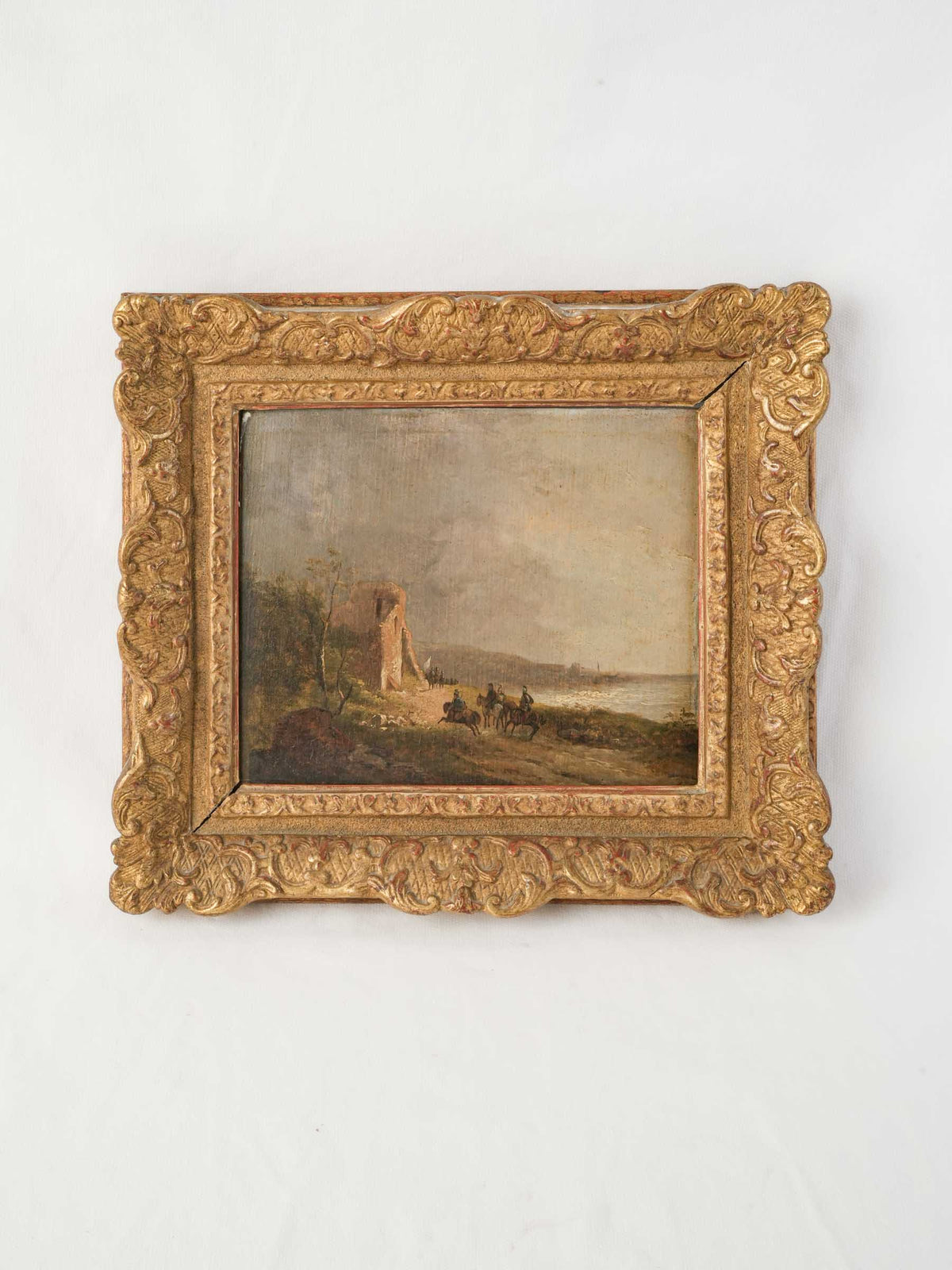 Small 19th-Century Oil on Panel of a Landscape w/ Cavalry Figures, in Giltwood Frame - 11¾" x 13½"