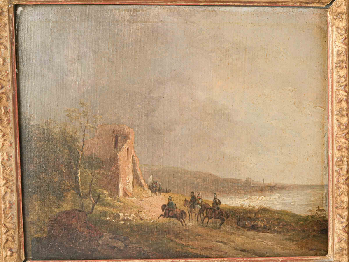 Small 19th-Century Oil on Panel of a Landscape w/ Cavalry Figures, in Giltwood Frame - 11¾" x 13½"