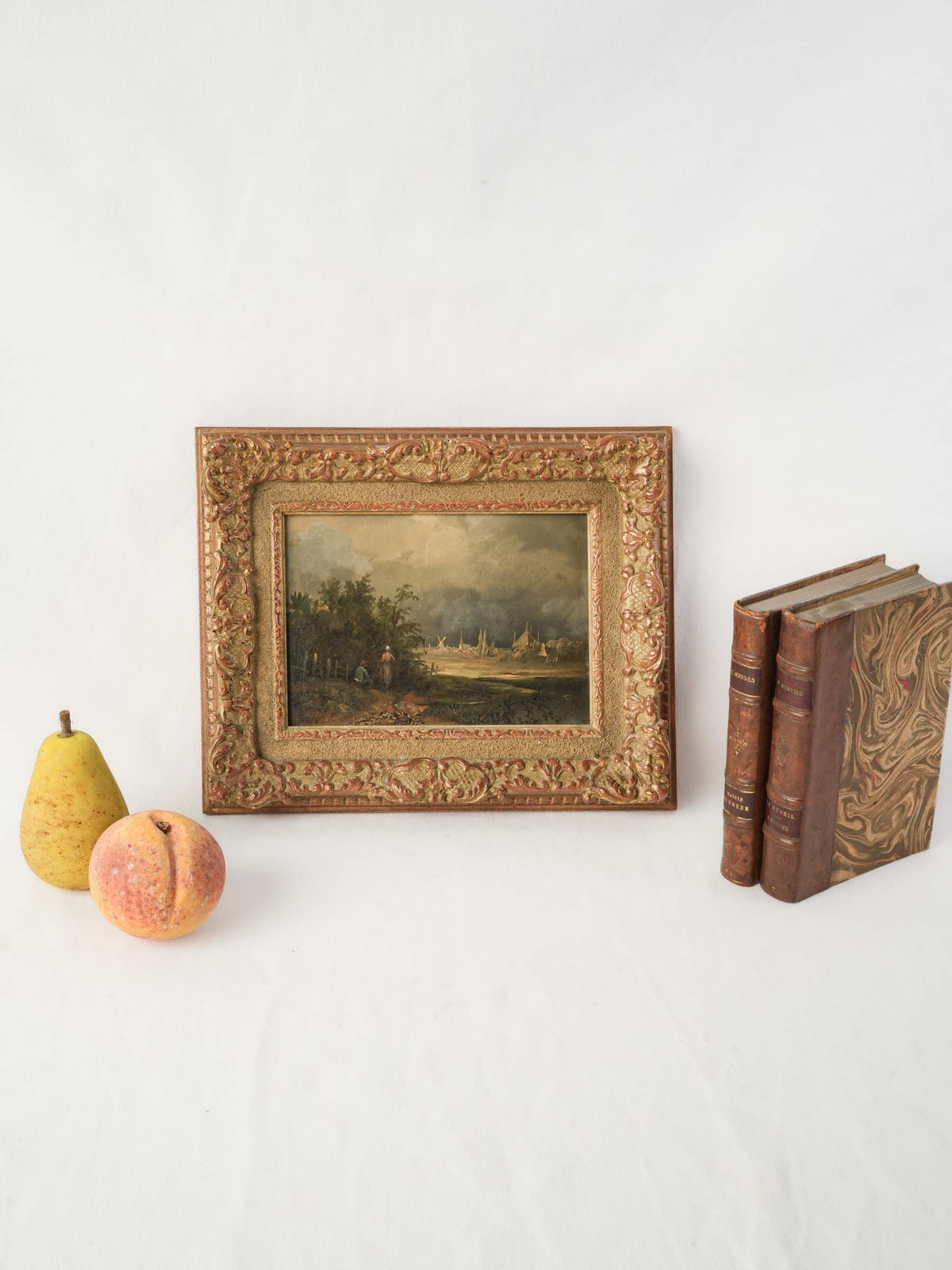Petite 19th-Century Oil on Panel of a Rural Village w/ Windmill in Giltwood Frame -9¾" x 11¾"