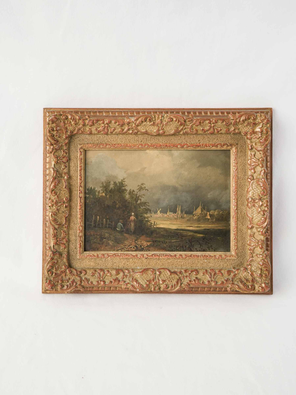 Petite 19th-Century Oil on Panel of a Rural Village w/ Windmill in Giltwood Frame -9¾" x 11¾"