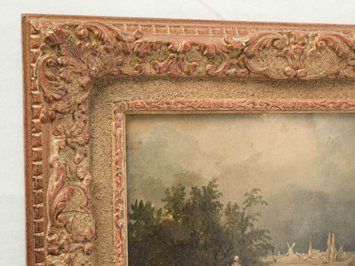 Petite 19th-Century Oil on Panel of a Rural Village w/ Windmill in Giltwood Frame -9¾" x 11¾"