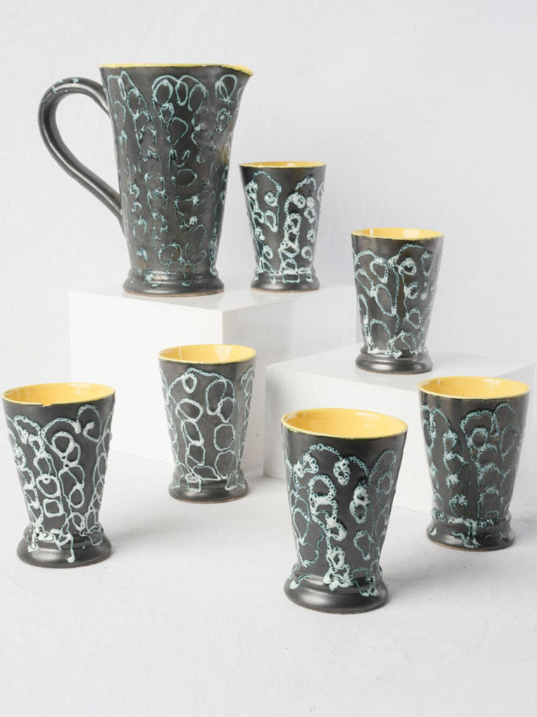 Sunny 1960s Vallauris Ceramic Juice Set w/ Pitcher & Six Tumblers - 8¾"