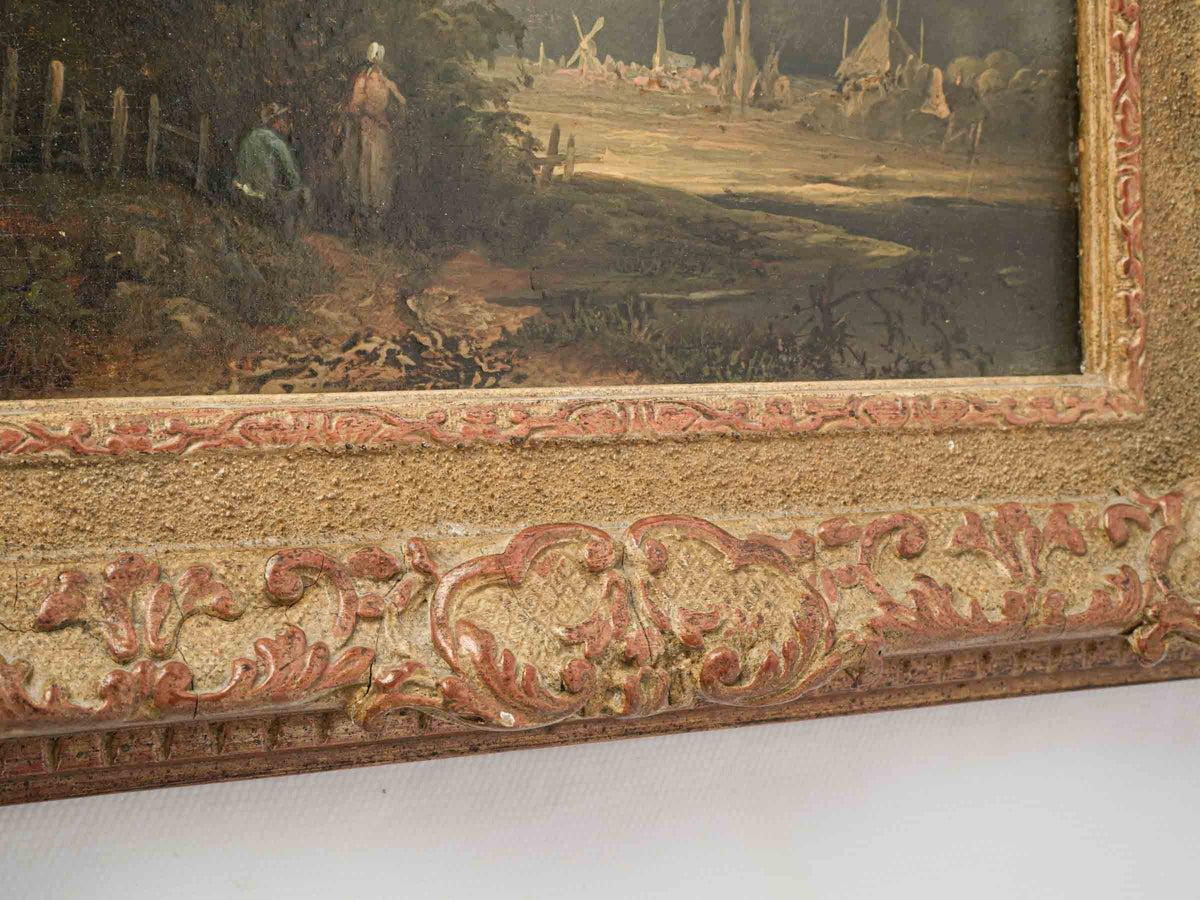 Petite 19th-Century Oil on Panel of a Rural Village w/ Windmill in Giltwood Frame -9¾" x 11¾"