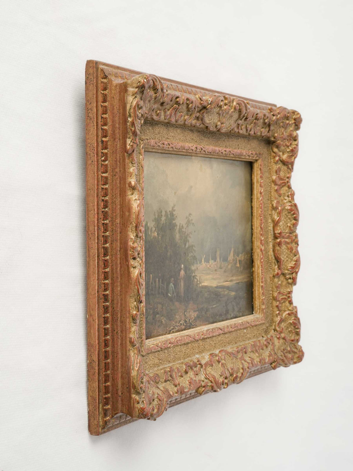 Petite 19th-Century Oil on Panel of a Rural Village w/ Windmill in Giltwood Frame -9¾" x 11¾"