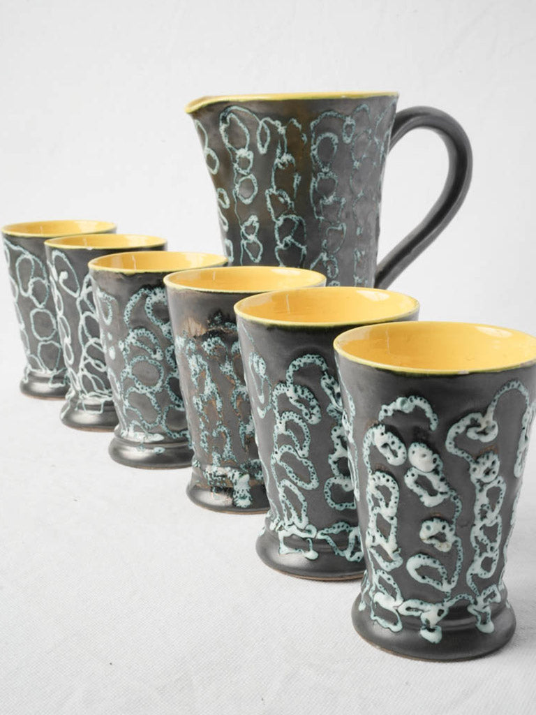 Sunny 1960s Vallauris Ceramic Juice Set w/ Pitcher & Six Tumblers - 8¾"