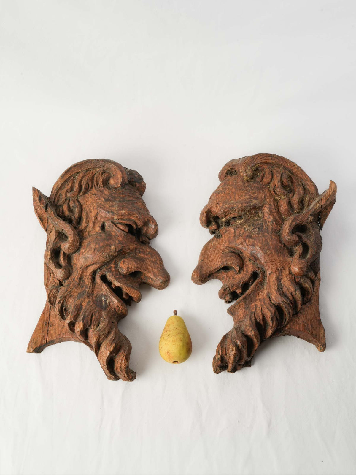 Pair of Large Expressive 19th-Century Carved Wooden Folk Art Faun Heads - 17¾"