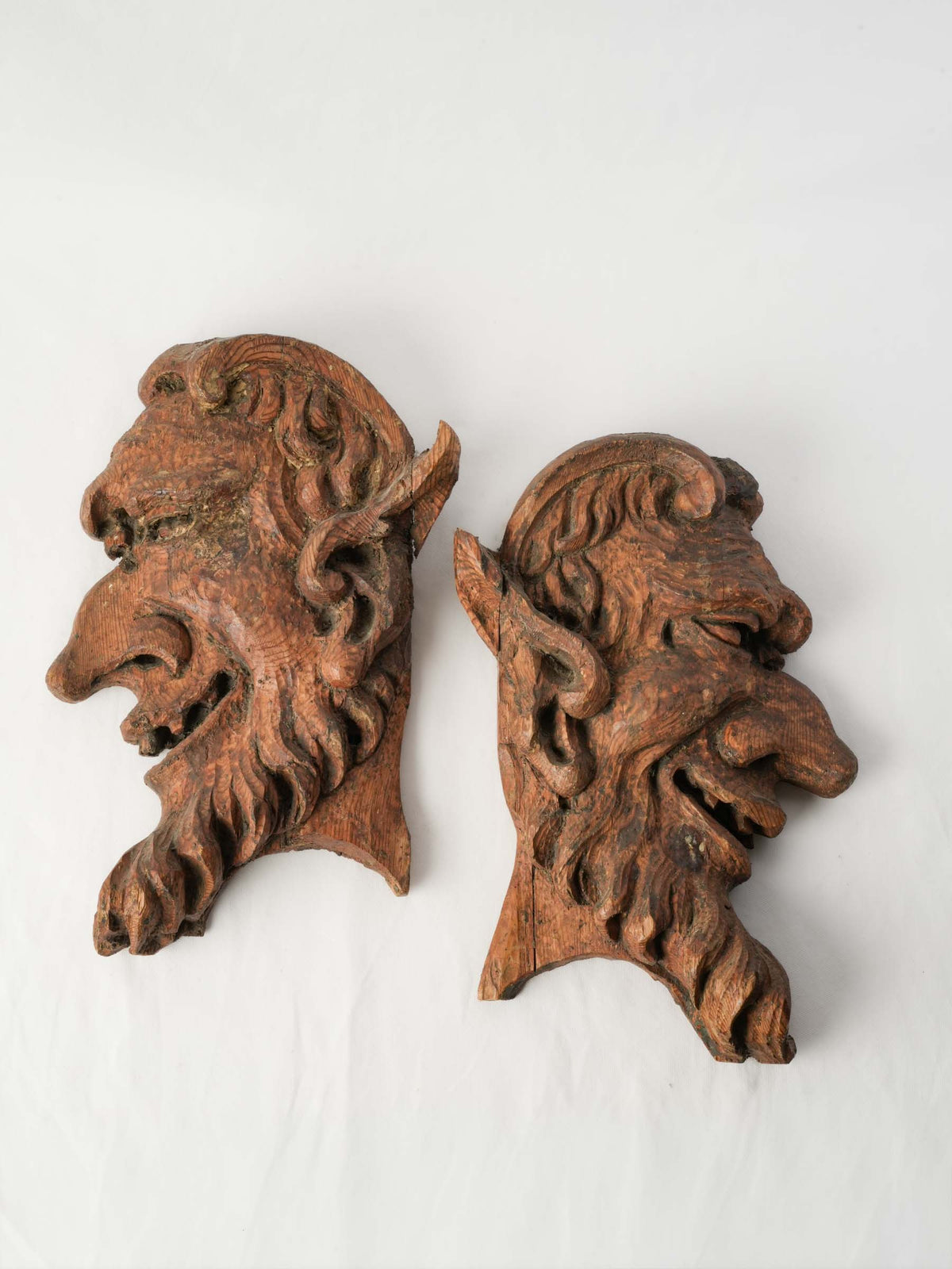 Pair of Large Expressive 19th-Century Carved Wooden Folk Art Faun Heads - 17¾"