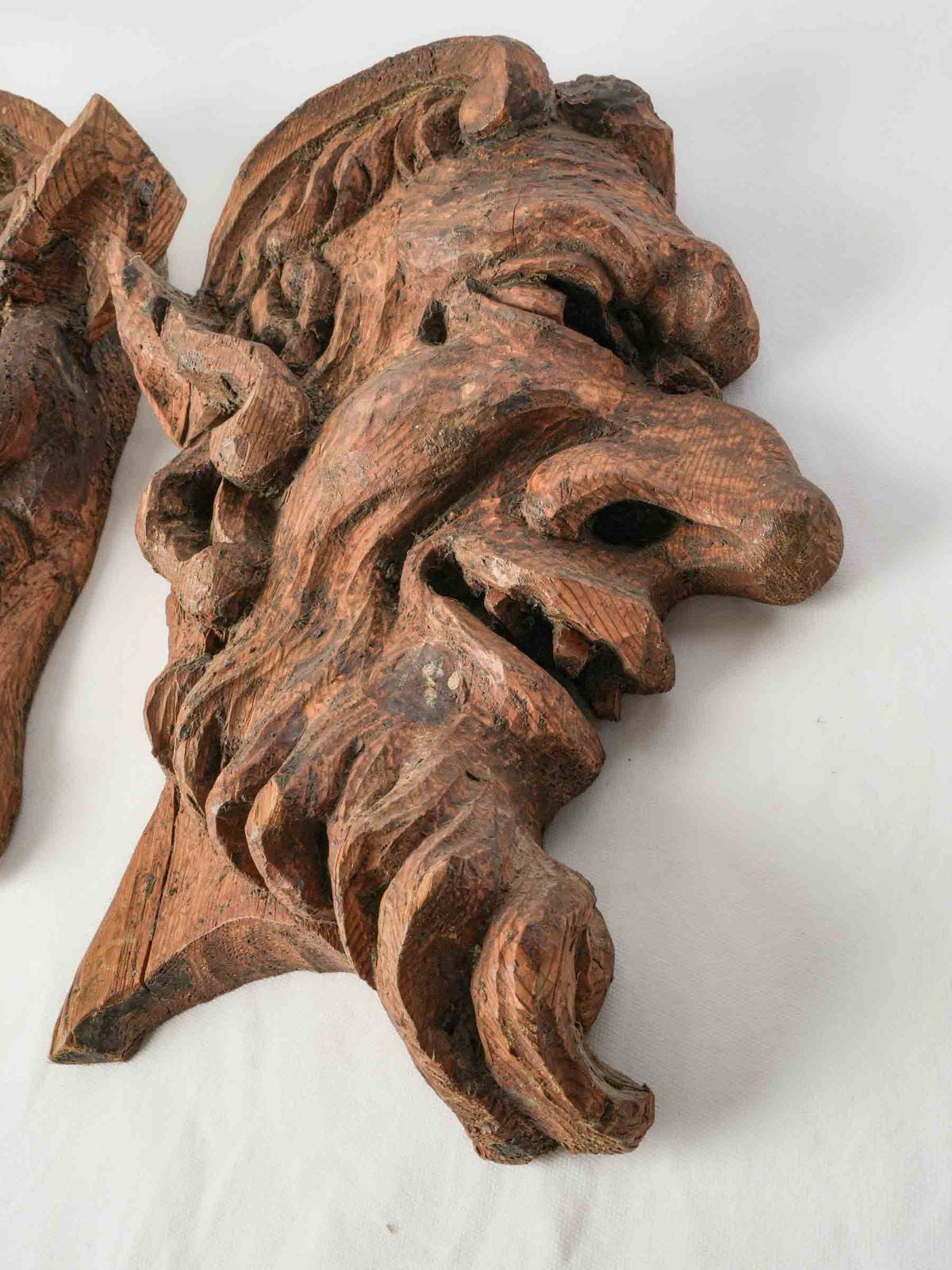 Pair of Large Expressive 19th-Century Carved Wooden Folk Art Faun Heads - 17¾"
