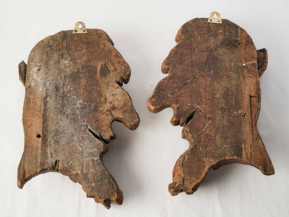 Pair of Large Expressive 19th-Century Carved Wooden Folk Art Faun Heads - 17¾"