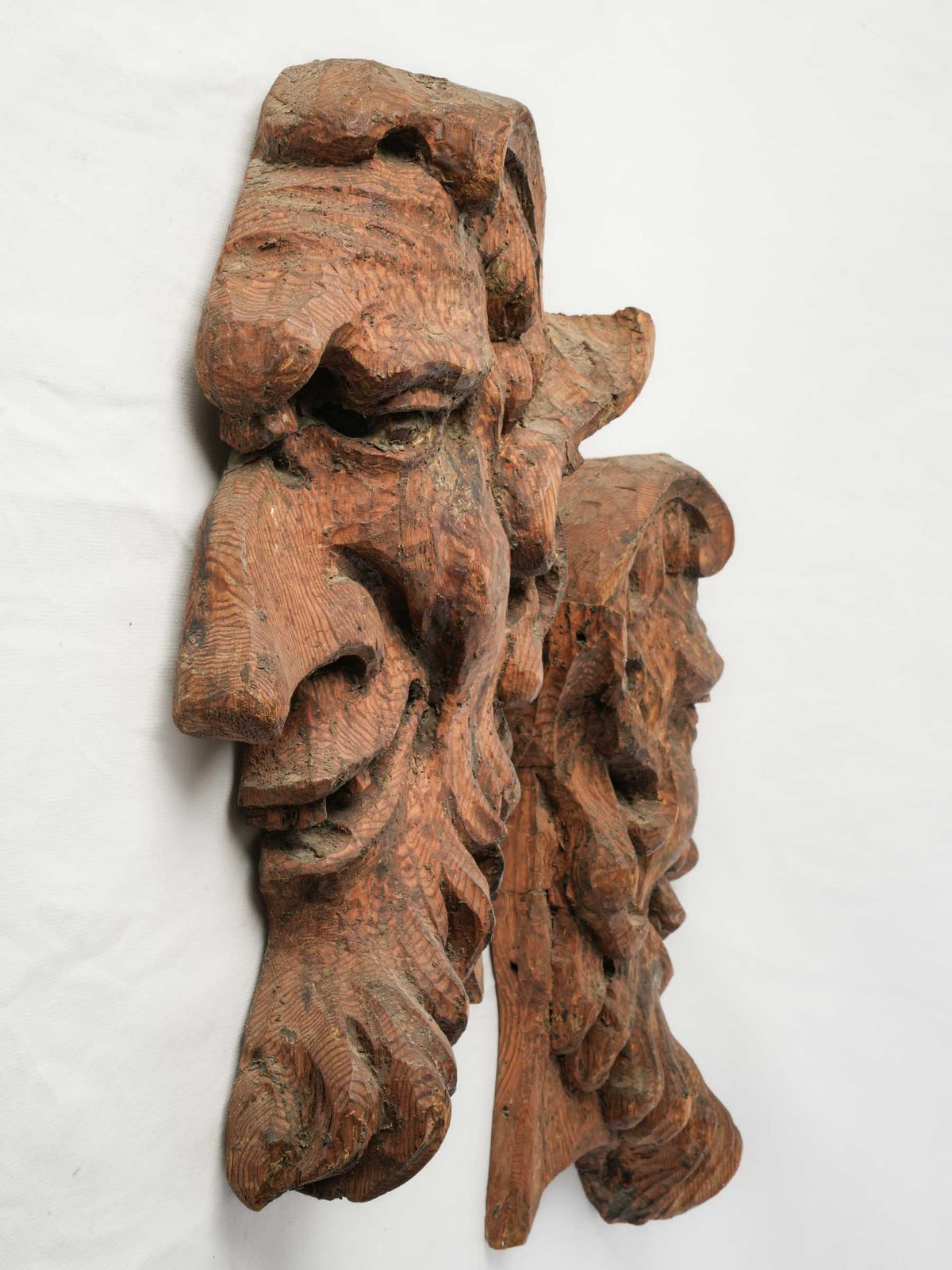 Pair of Large Expressive 19th-Century Carved Wooden Folk Art Faun Heads - 17¾"