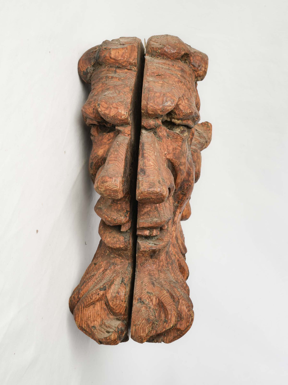 Pair of Large Expressive 19th-Century Carved Wooden Folk Art Faun Heads - 17¾"