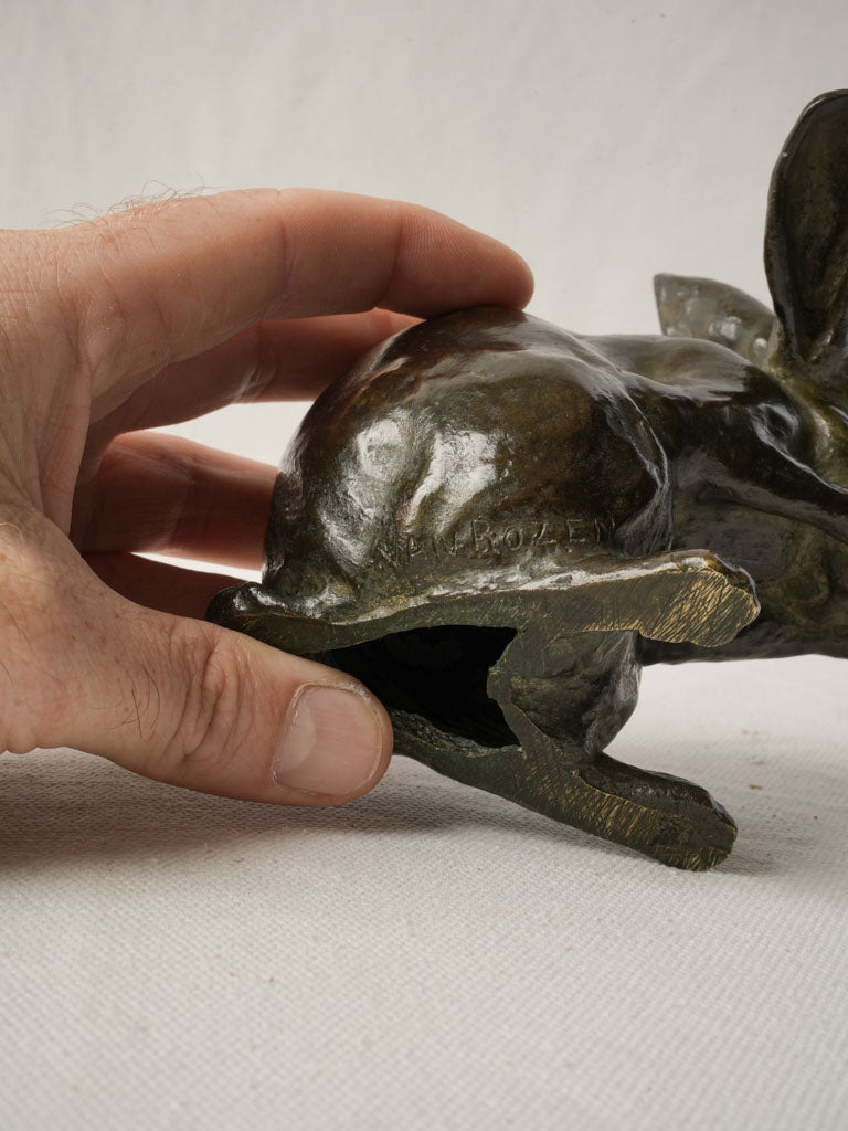 Lifelike dark patina rabbit sculpture