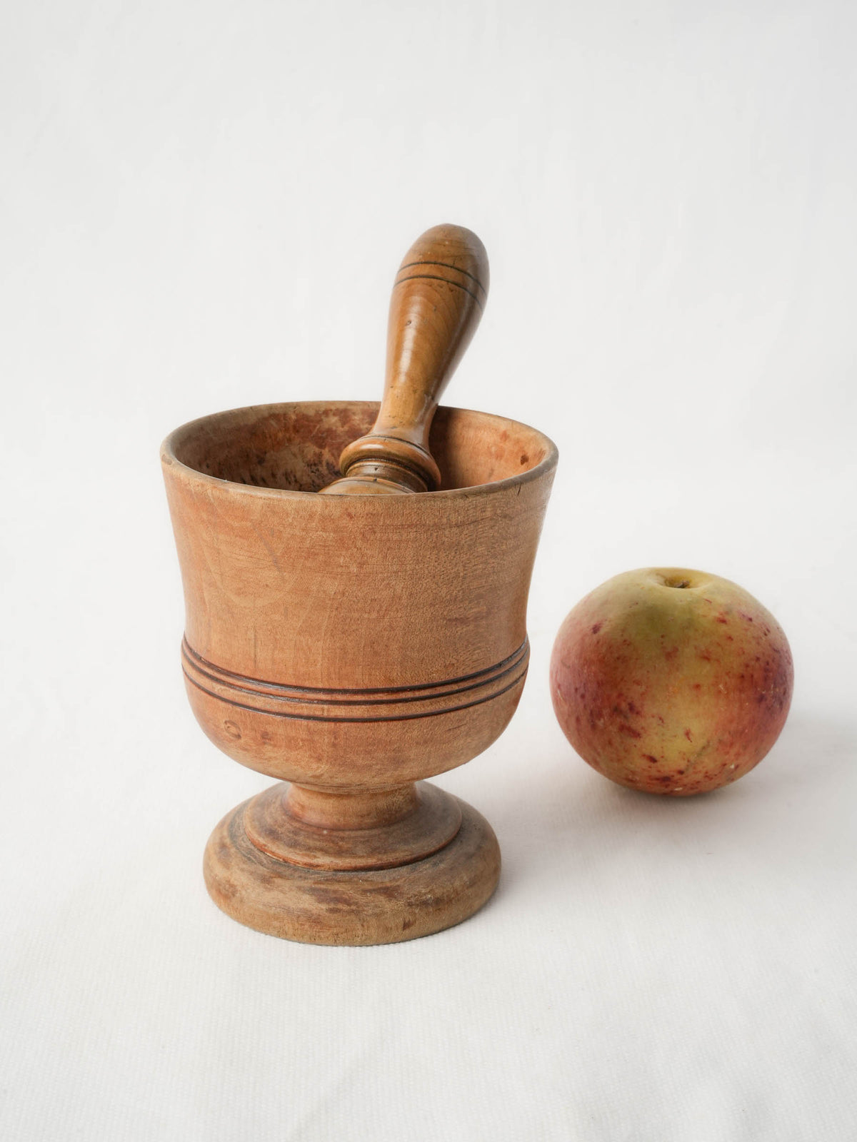Small 19th-Century French Hand-Turned Wood Mortar and Pestle, Warm Honey-Brown Tone - 4¾"