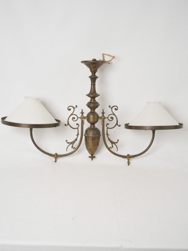 Antique French bistro ceiling light - opaline & brass