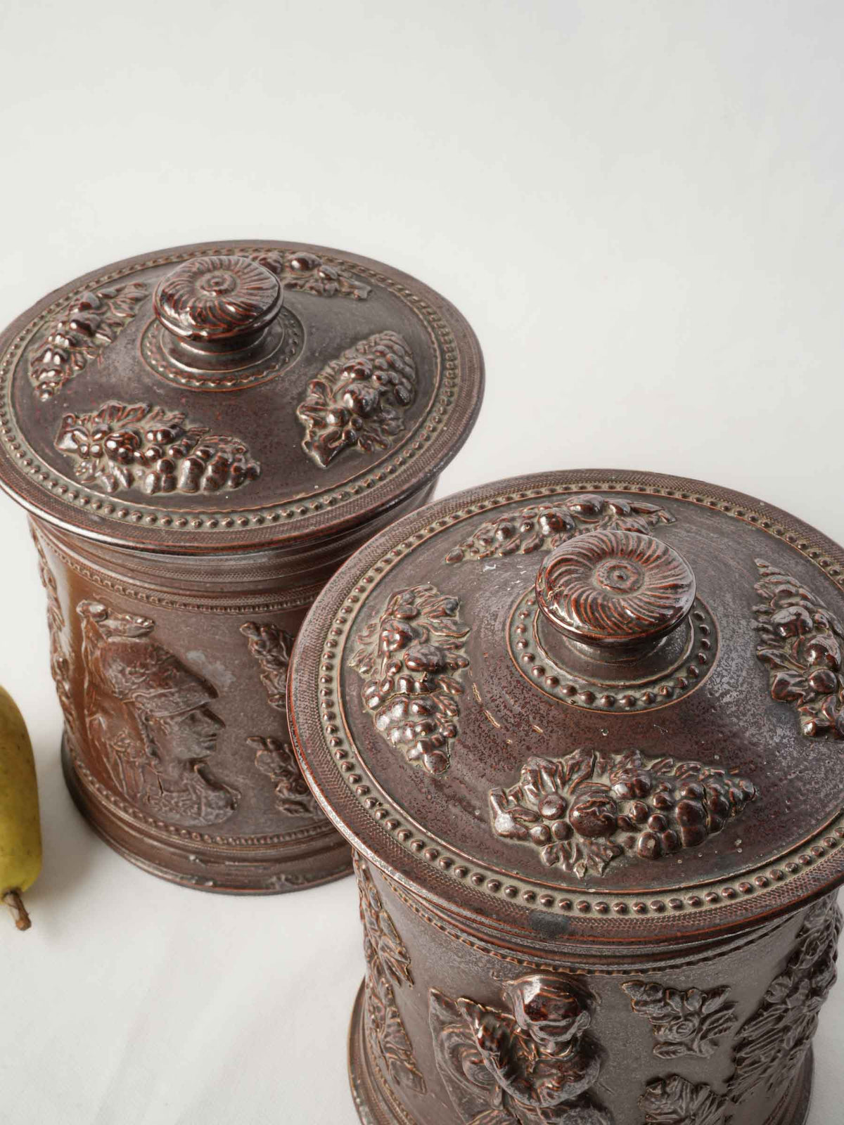 Pair of 19th-Century French Stoneware Tobacco Jars w/ Neoclassical Relief Decoration - 9¾"