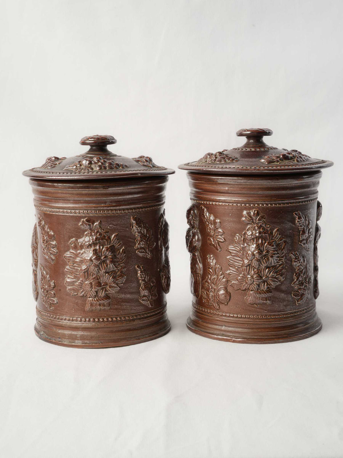 Pair of 19th-Century French Stoneware Tobacco Jars w/ Neoclassical Relief Decoration - 9¾"
