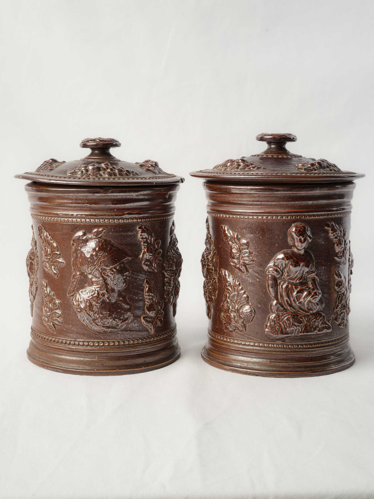Pair of 19th-Century French Stoneware Tobacco Jars w/ Neoclassical Relief Decoration - 9¾"